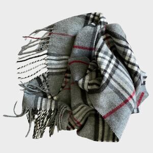 Cashmink by V. Fraas Made in Germany Acrylic Rectangle Plaid Scarf Fringe Gray